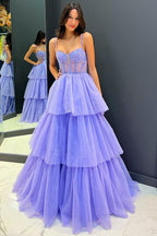 Vestido de fiesta largo con corsé bordado con lentejuelas y volantes escalonados