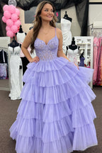 Vestido de fiesta largo con corsé, apliques de volantes escalonados y tirantes finos