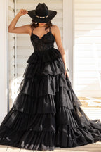 Vestido de fiesta largo con corsé, apliques de volantes escalonados y tirantes finos
