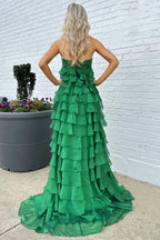Vestido de fiesta largo sin tirantes, de cintura alta, con volantes y lazo