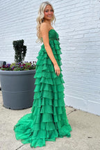 Vestido de fiesta largo sin tirantes, de cintura alta, con volantes y lazo