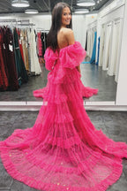Vestido de fiesta de dos piezas con mangas abullonadas, volantes y tul brillante con abertura
