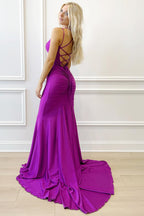Vestido formal largo de sirena con cuello en V y cordones en color morado