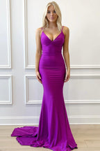 Vestido formal largo de sirena con cuello en V y cordones en color morado