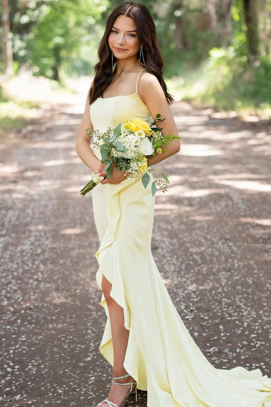 Sophianne | Gelbes Meerjungfrau-Ballkleid aus Satin mit Spaghettiträgern
