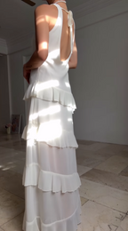 Vestido de fiesta blanco sencillo de gasa con escote en V y volantes, vestido de noche largo sin espalda Y8500