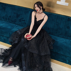 Schwarzes Tüll Pailletten Ballkleid Abendkleid Y1021