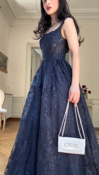 Vestido de fiesta azul marino con apliques de encaje en forma de A, elegante vestido de noche Y7830