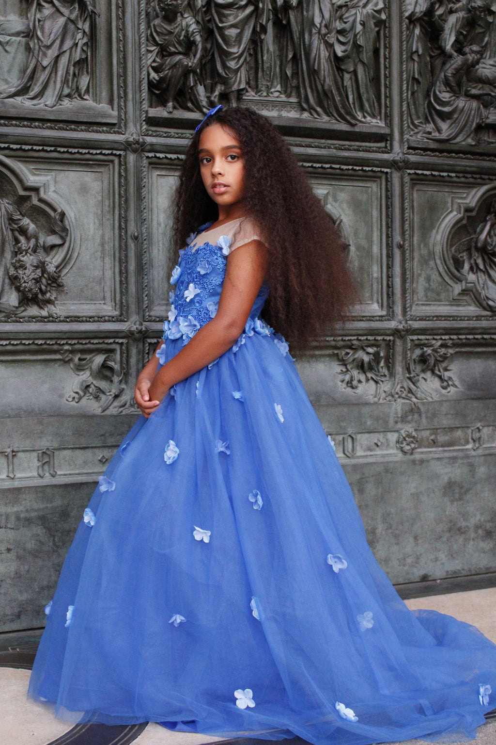 Prinzessin Ballkleid Blumenmädchenkleid mit Applikationen und Schleife Königsblau 