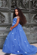 Prinzessin Ballkleid Blumenmädchenkleid mit Applikationen und Schleife Königsblau 
