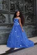 Prinzessin Ballkleid Blumenmädchenkleid mit Applikationen und Schleife Königsblau 