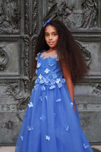 Prinzessin Ballkleid Blumenmädchenkleid mit Applikationen und Schleife Königsblau 