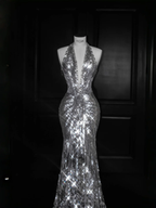 Sparkly Silver Deep V Halter Sequins Beaded Backless Evening Dress Mermaid Prom Dress Y8687