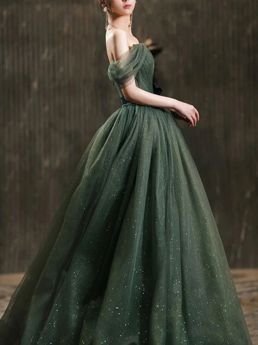 Einfaches langes Ballkleid aus grünem Tüll, Abendkleid aus grünem Tüll Y1554