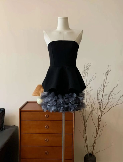 Vestido de cóctel negro sin tirantes de tul con estampado floral 3D, vestido de fiesta sin tirantes Y8105