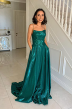Grünes Satin langes Ballkleid A-Linie Abendkleid Y243