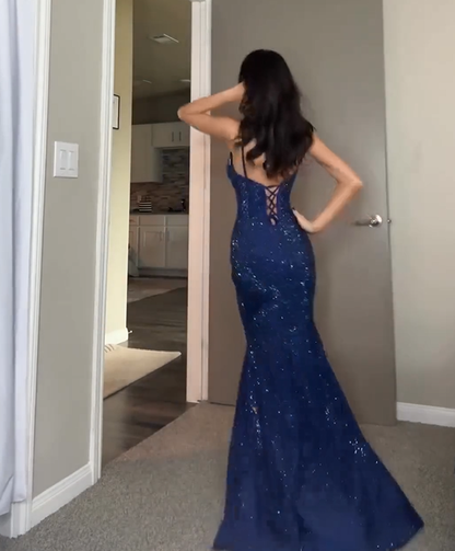 Glitzerndes blaues Meerjungfrau-Ballkleid mit Pailletten und Schlitz, Y7825