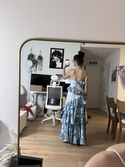 Hermoso vestido de noche azul sin mangas con escote en V, encaje y volantes, vestido formal de fiesta Y8460