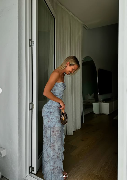 Schickes Chiffon-Print-Blumen-Langballkleid Trägerloses Schlitz-Party-Abendkleid Y8238