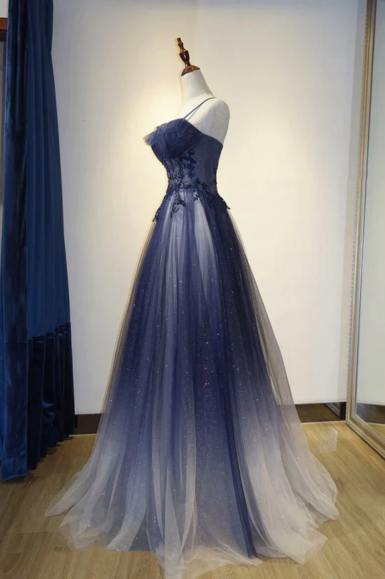 Elegantes langes Abendkleid mit Farbverlauf und Tüllträgern, A-Linie Tüll Ballkleid Y1807