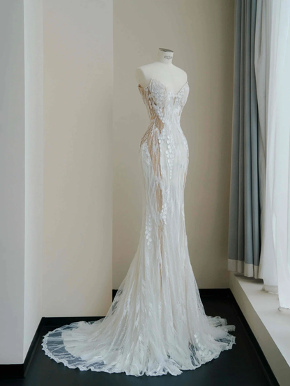 Vestido de novia de sirena con encaje de tul blanco sin tirantes, encantador, vestido largo de noche para graduación Y8678