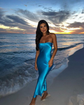 Vestido de fiesta azul sencillo sin tirantes, vestido de noche Y8188