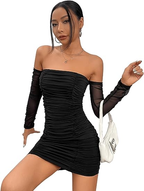 Vestido de fiesta ajustado con hombros descubiertos y dobladillo fruncido de malla en contraste para mujer Y2572