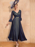 Vestidos de madre de la novia de corte A/princesa, escote en V, largo hasta los tobillos, con cinturón