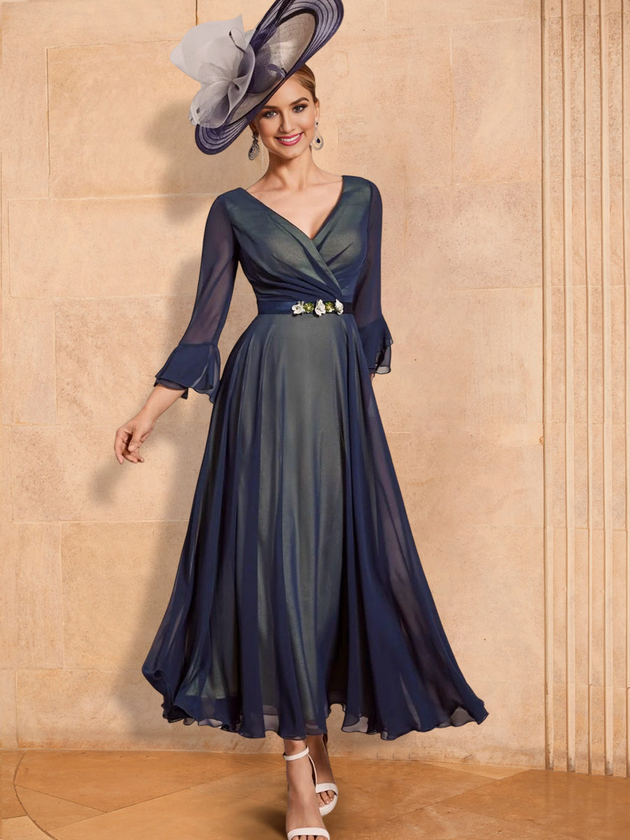 Vestidos de madre de la novia de corte A/princesa, escote en V, largo hasta los tobillos, con cinturón