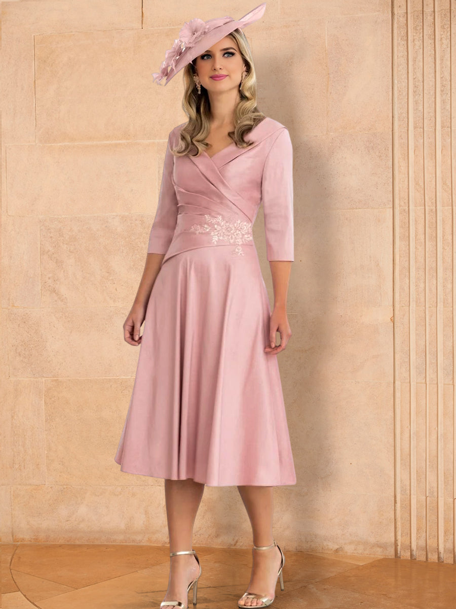 Vestidos de madre de la novia de corte A/princesa, escote en V, largo hasta la rodilla con apliques