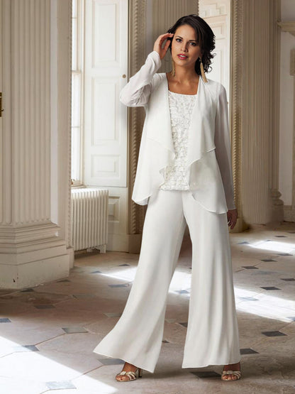 Chiffon-Hosenanzüge mit langen Ärmeln für die Mutter der Braut mit Jacke 