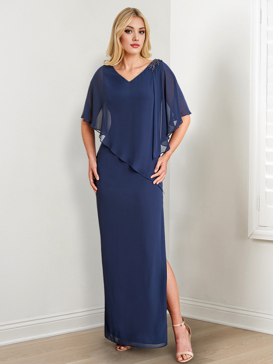 Vestidos de madre de la novia con escote en V, corte tubo/columna, cuentas y abertura lateral