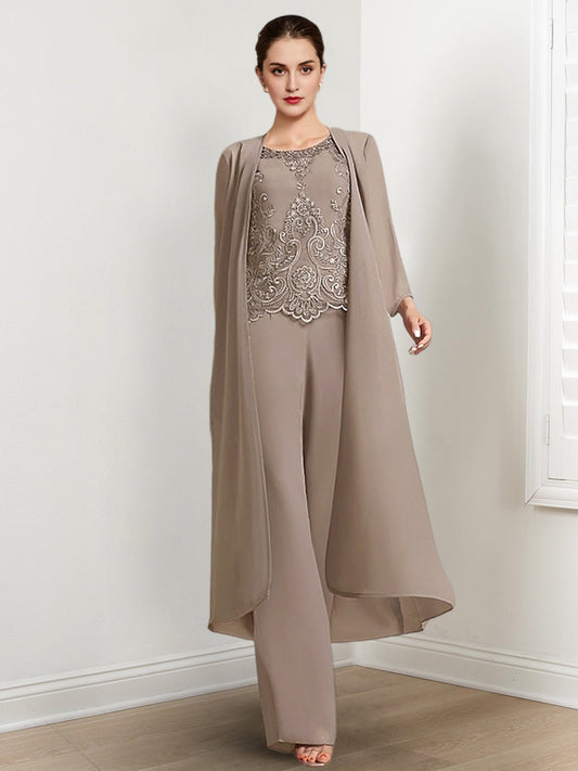 Chiffon-Hosenanzüge mit langen Ärmeln für die Mutter der Braut mit Jacke 
