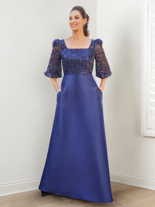 Vestidos de madre de la novia con escote cuadrado, corte princesa/A, lentejuelas y bolsillos