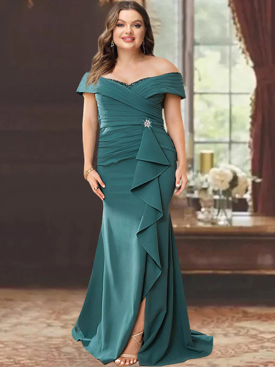 Vestidos para madre de la novia con corte tubo, hombros descubiertos, sin mangas, largo hasta el suelo y volantes