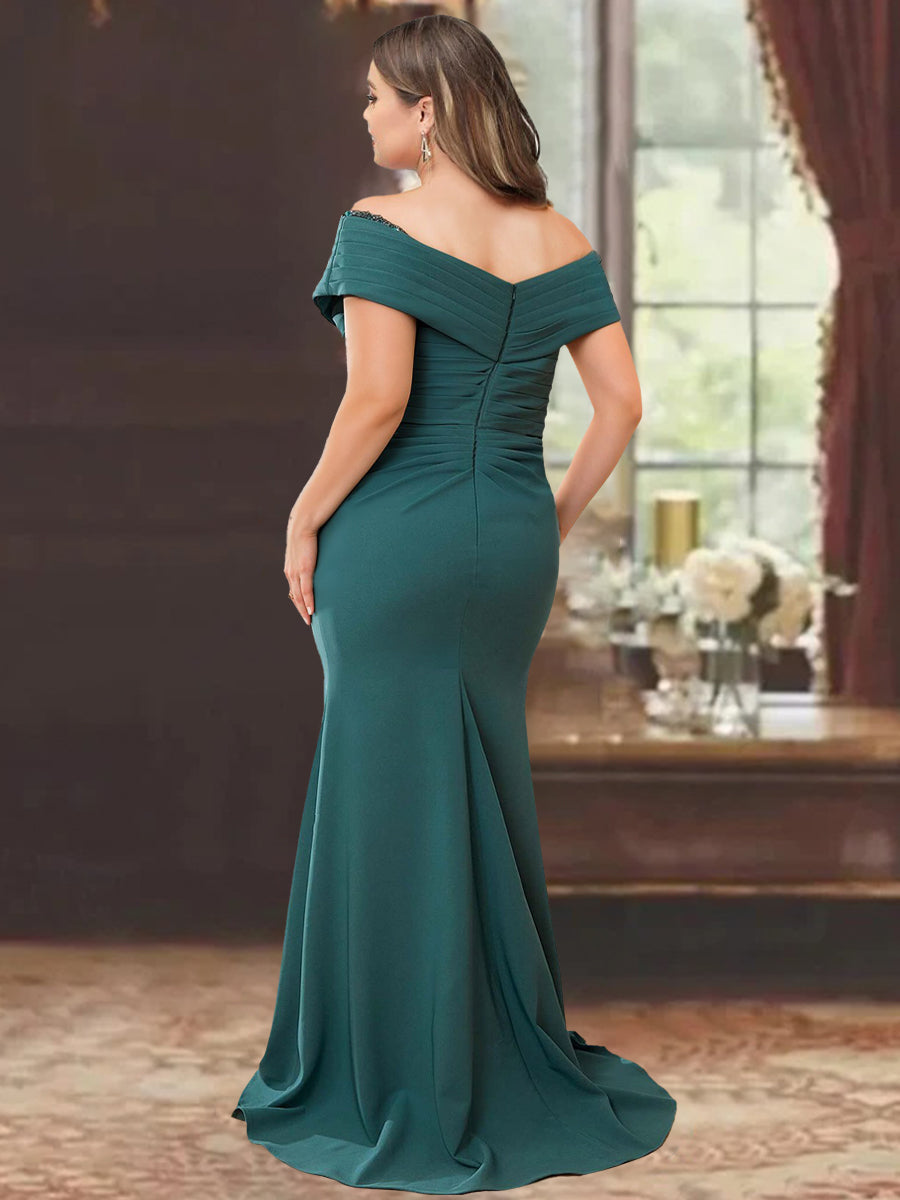 Vestidos para madre de la novia con corte tubo, hombros descubiertos, sin mangas, largo hasta el suelo y volantes