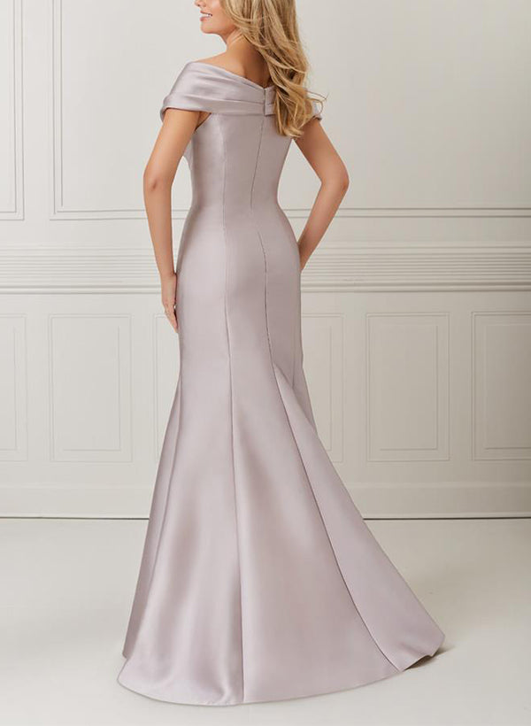Vestidos de madre de la novia de satén con hombros descubiertos, corte trompeta/sirena, apliques y cuentas