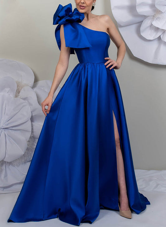 Vestidos de madre de la novia de satén sin mangas, corte A/princesa, con un solo hombro y abertura lateral