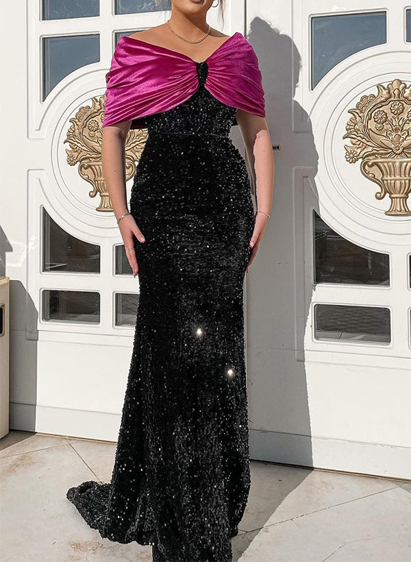 Vestidos de madre de la novia con hombros descubiertos, corte trompeta/sirena brillante y lentejuelas