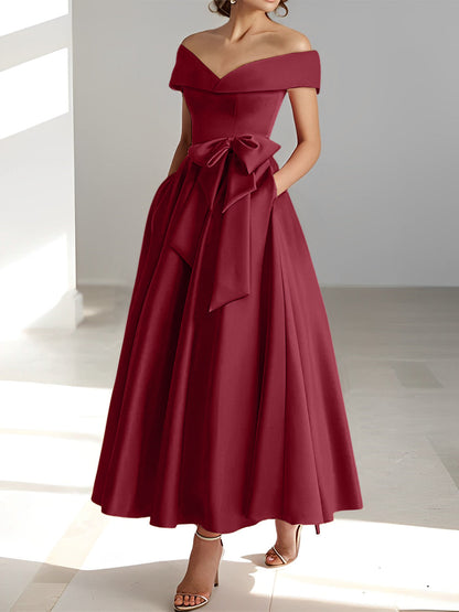 Vestidos de madre de la novia de corte A/princesa, sin mangas, hasta los tobillos, con hombros descubiertos y bolsillos
