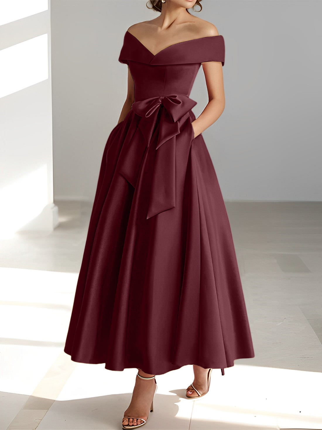 Vestidos de madre de la novia de corte A/princesa, sin mangas, hasta los tobillos, con hombros descubiertos y bolsillos