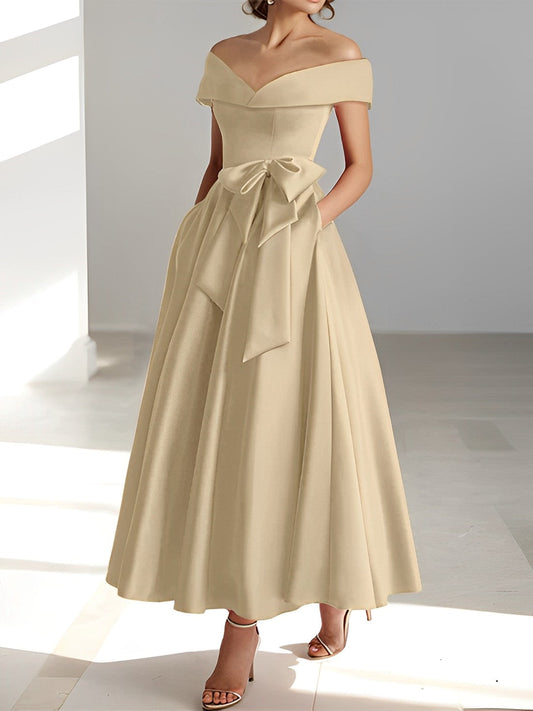 Vestidos de madre de la novia de corte A/princesa, sin mangas, hasta los tobillos, con hombros descubiertos y bolsillos