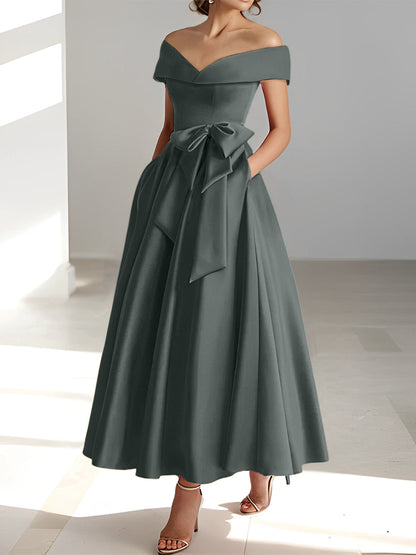 Vestidos de madre de la novia de corte A/princesa, sin mangas, hasta los tobillos, con hombros descubiertos y bolsillos