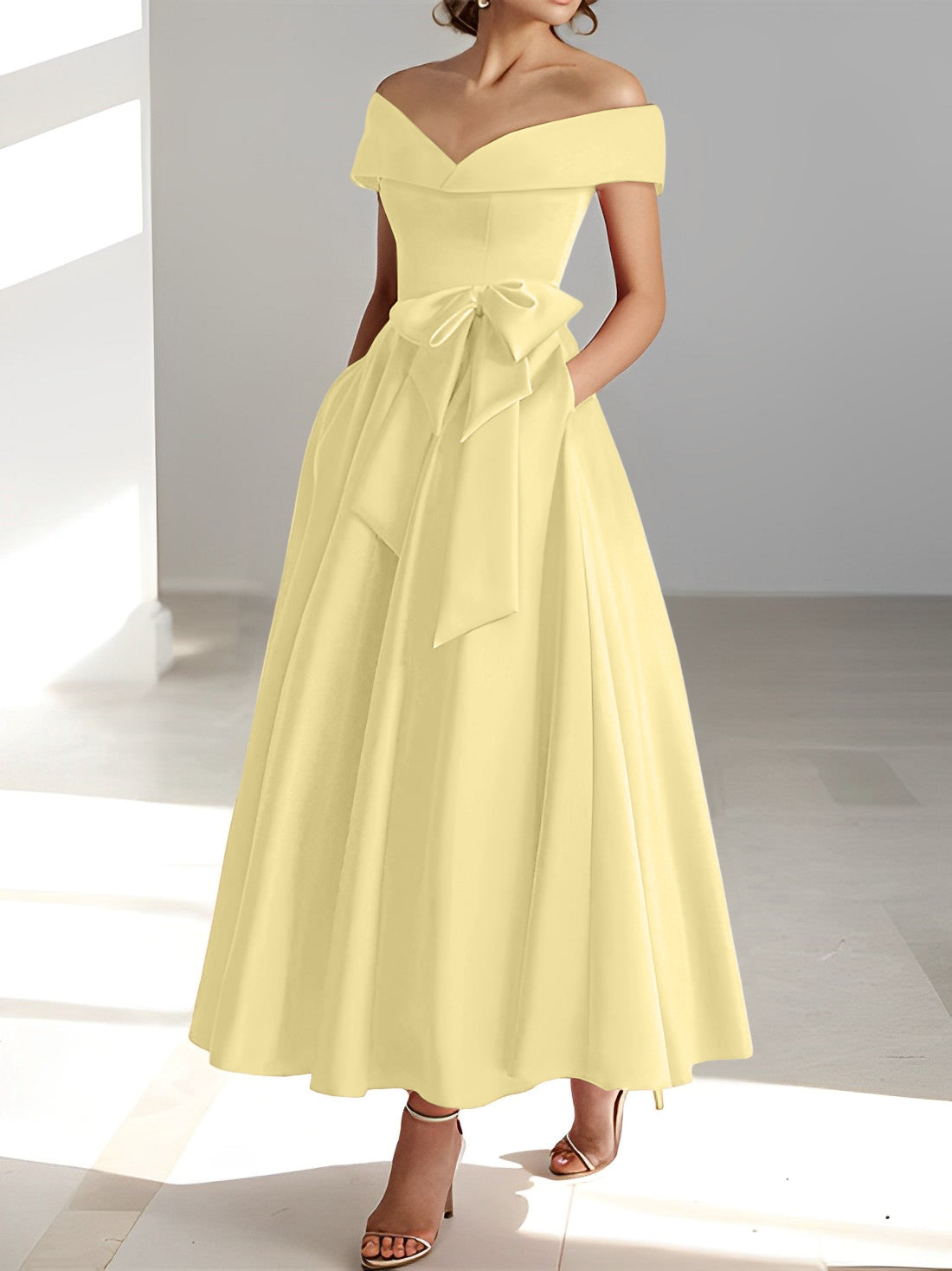 Vestidos de madre de la novia de corte A/princesa, sin mangas, hasta los tobillos, con hombros descubiertos y bolsillos