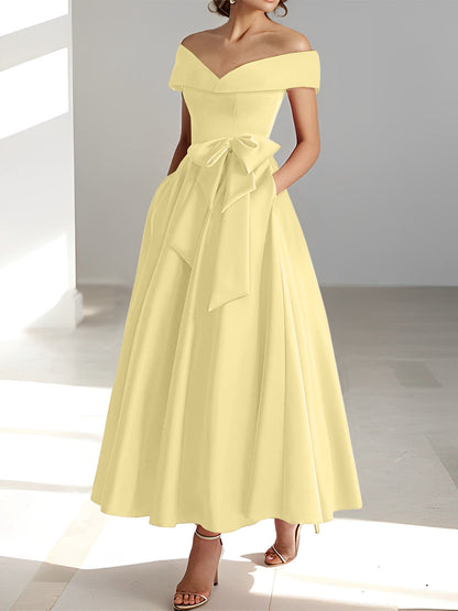 Vestidos de madre de la novia de corte A/princesa, sin mangas, hasta los tobillos, con hombros descubiertos y bolsillos
