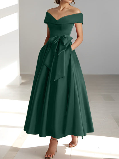 Vestidos de madre de la novia de corte A/princesa, sin mangas, hasta los tobillos, con hombros descubiertos y bolsillos