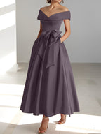 Vestidos de madre de la novia de corte A/princesa, sin mangas, hasta los tobillos, con hombros descubiertos y bolsillos