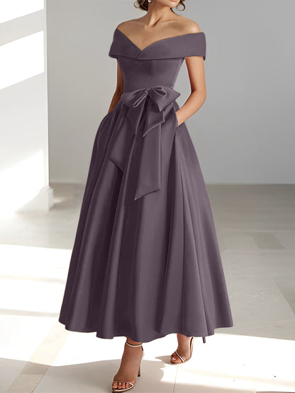 Vestidos de madre de la novia de corte A/princesa, sin mangas, hasta los tobillos, con hombros descubiertos y bolsillos
