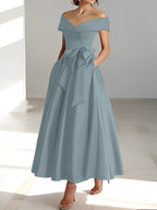 Vestidos de madre de la novia de corte A/princesa, sin mangas, hasta los tobillos, con hombros descubiertos y bolsillos