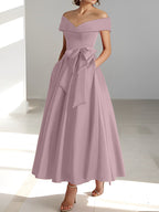 Vestidos de madre de la novia de corte A/princesa, sin mangas, hasta los tobillos, con hombros descubiertos y bolsillos